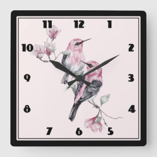 Horloge Carrée Oiseaux roses et noirs sur une branche d'arbre