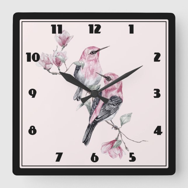 Horloge Carrée Oiseaux roses et noirs sur une branche d'arbre (Recto)