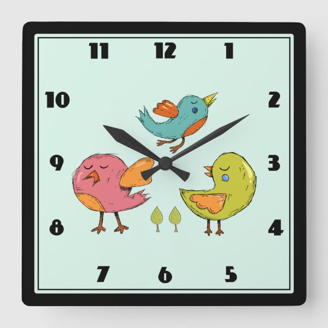 Horloge Carrée Oiseaux Whimsical Colorés (Recto)