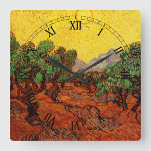 Horloge Carrée Oliviers avec ciel jaune et soleil de Van Gogh