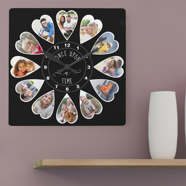 Horloge Carrée Once Upon a Time 12 Heart Shaped Photos Black (Photo clock with 12 heart shaped photos. Unusual design for your home and a thoughtful photo gift.)
