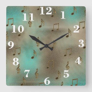 Horloge Carrée Or abstrait et motif turquoise de notes musicales