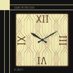 Horloge Carrée Or Art Déco, crème au beurre, Brown foncé
