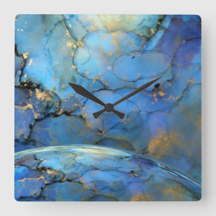 Horloge Carrée or bleu abstrait scifi orb terre