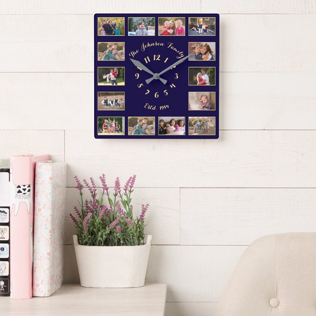 Horloge Carrée Or Blue Gold Photo de famille Mariage Anniversaire (Custom Blue Gold Family Photo Wedding Anniversary Square Wall Clock)
