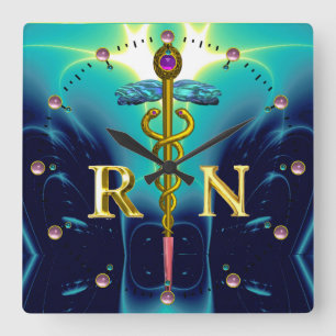 Horloge Carrée OR CADUCUS SYMBOLE INFIRMIER ENREGISTRÉ, Bleu Turq