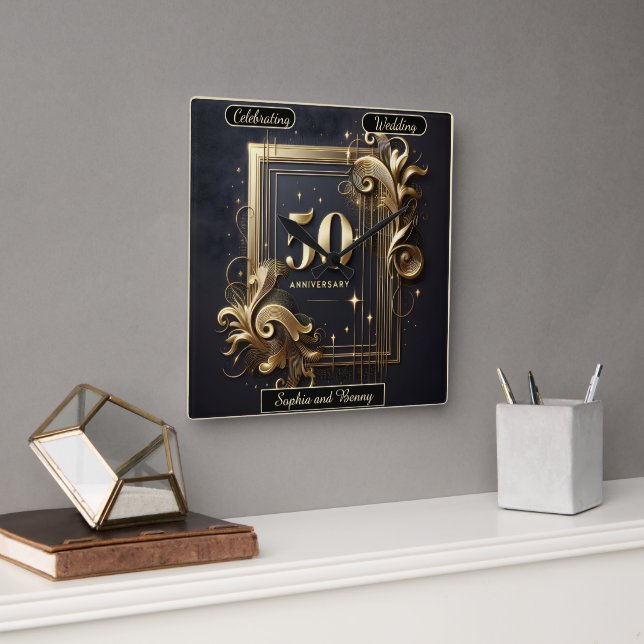 Horloge Carrée Or Éternel : Commémoration de 50 Ans (Bureau)