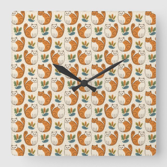 Horloge Carrée Orange and White Cats Naive Art Style (Recto)