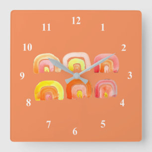 Horloge Carrée Orange arc-en-ciel art rétro mignon