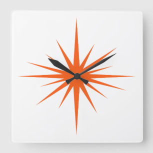 Horloge Carrée Orange Starburst atomique milieu du siècle moderne