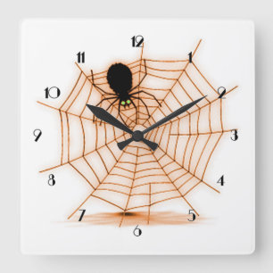Horloge Carrée Orange & White Halloween Spider web Wall Clock