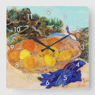 Horloge Carrée Oranges et citrons avec gants bleus, Van Gogh