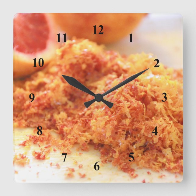 Horloge Carrée Oranges sanguines d'agrumes juteux et zeste (Recto)