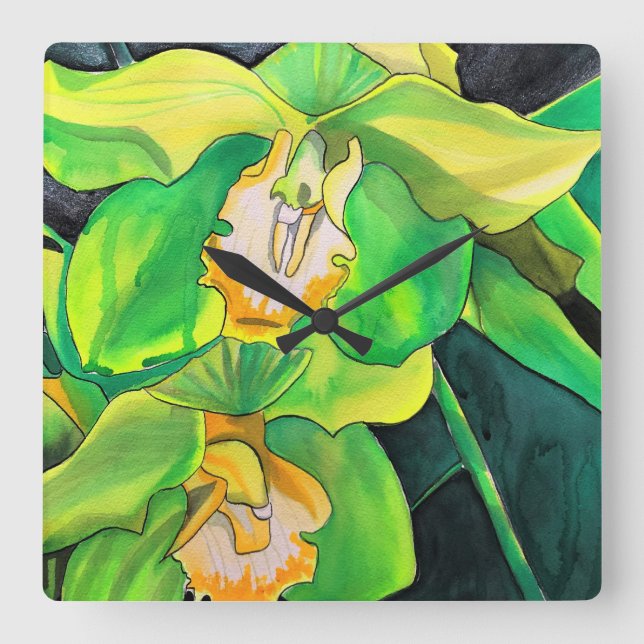 Horloge Carrée Orchidée fleurs vert et jaune art (Recto)