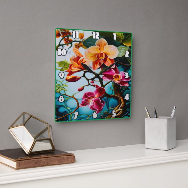 Horloge Carrée Orchidées vibrantes fleurissant dans le paradis tr (Bureau)