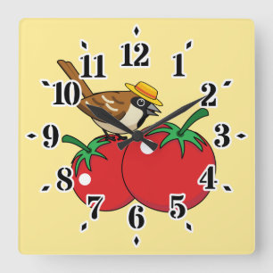 Horloge Carrée Organic lover Sparrow Eating Red Tomato