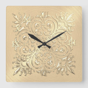 Horloge Carrée Ornate Or Embossé Look Numéros romains
