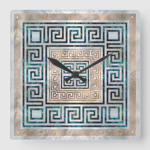 Horloge Carrée Ornement de clé grecque - Abalone et or