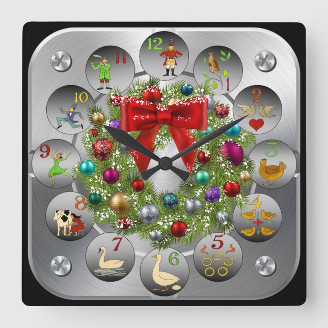 Horloge Carrée Ornements Wreath ~ Les 12 Jours De Noël (Recto)