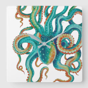 Horloge Carrée Otopus Turquoise Watercolor Art