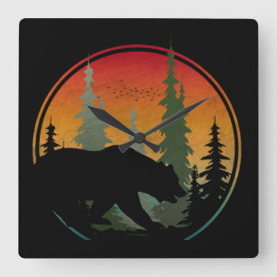 Horloge Carrée Ours Coucher de Soleil Forêt Animal de la Nature