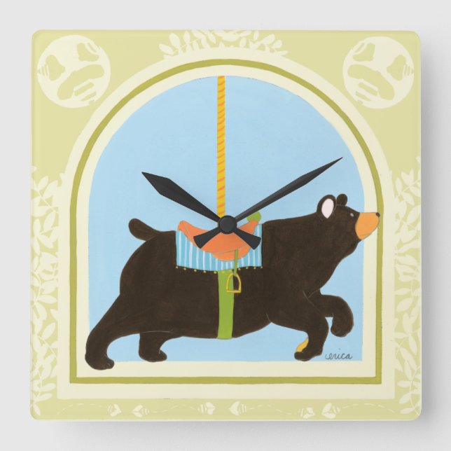 Horloge Carrée Ours de carrousel par Juin Erica Vess (Recto)