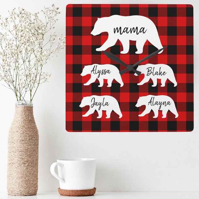 Horloge Carrée Ours De Mama Blanc Et Rouge Moderne (Créateur téléchargé)