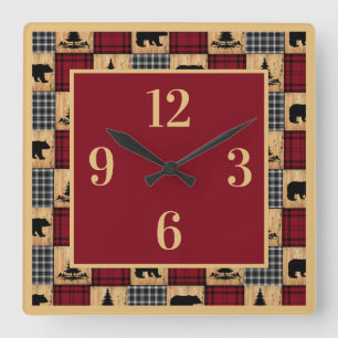Horloge Carrée Ours en carreaux de Buffalo rustiques Arbres Bois