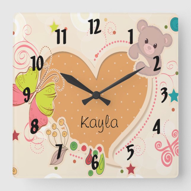 Horloge Carrée ours en peluche mignon papillon enfants coeur (Recto)