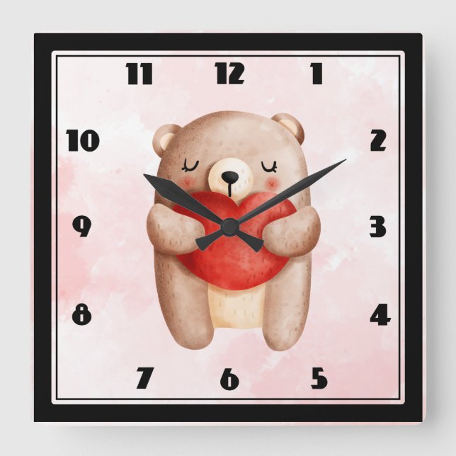Horloge Carrée Ours en peluche mignon portant un coeur rouge (Recto)