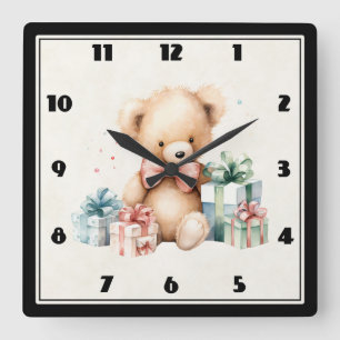Horloge Carrée Ours en peluche mignonne avec cadeaux de Noël
