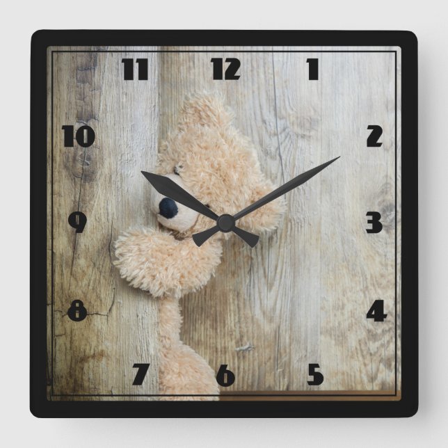 Horloge Carrée Ours farci mignon Fond en bois rustique (Recto)