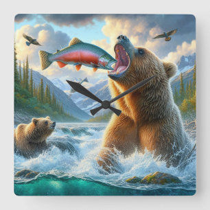 Horloge Carrée Ours grizzlis avec saumon à truite arc-en-ciel