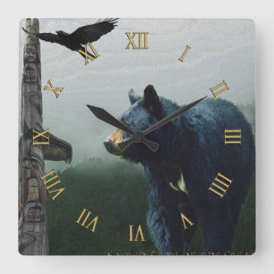 Horloge Carrée Ours Noir, Corbeau & Totem Poteau Art