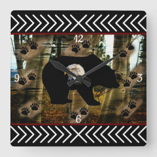 Horloge Carrée Ours Noir Ourson Ourson Ourson Ours Empreintes de 