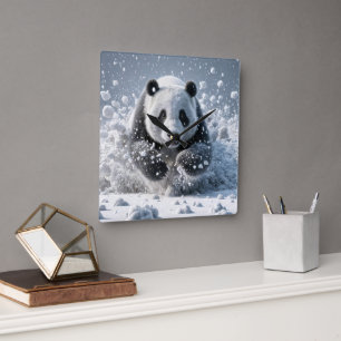 Horloge Carrée Ours Panda Courant Dans La Neige