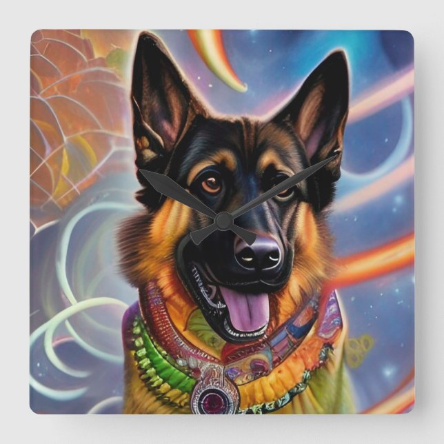 Horloge Carrée Outta This World Trippy German Shepherd (Recto)