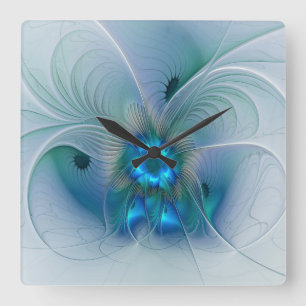 Horloge Carrée Ovations debout, fractale bleue turquoise abstrait