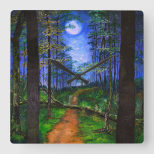 Horloge Carrée Painted Moonlit Path in the Woods Acrylique