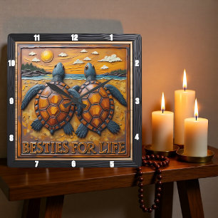 Horloge Carrée Paire de tortues gravées Blue Shore