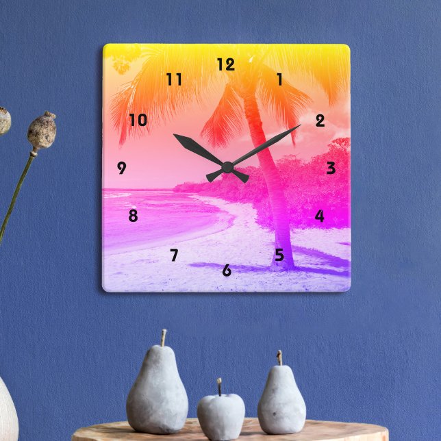 Horloge Carrée Palm Tree Plage Tropicale Orange rose violet ombre (Créateur téléchargé)