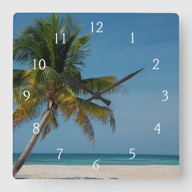 Horloge Carrée Palmier et plage de sable blanc 2 (Recto)