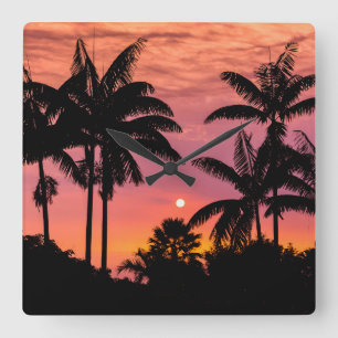 Horloge Carrée Palmiers en silhouette, Hawaii