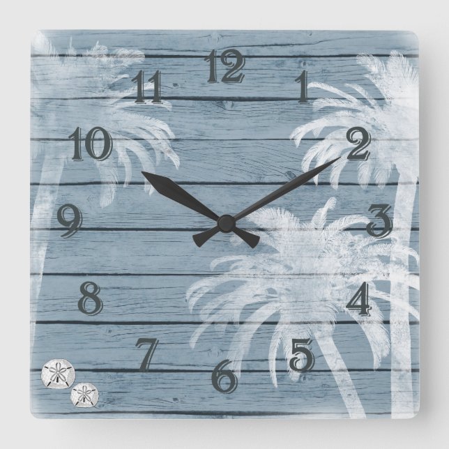 Horloge Carrée Palmiers et dollars de sable Plage de bois rustiqu (Recto)