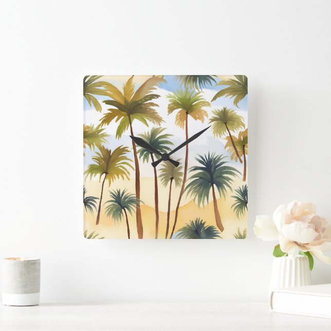 Horloge Carrée Palmiers tropicaux | Peinture aquarelle sur la pla (Maison)