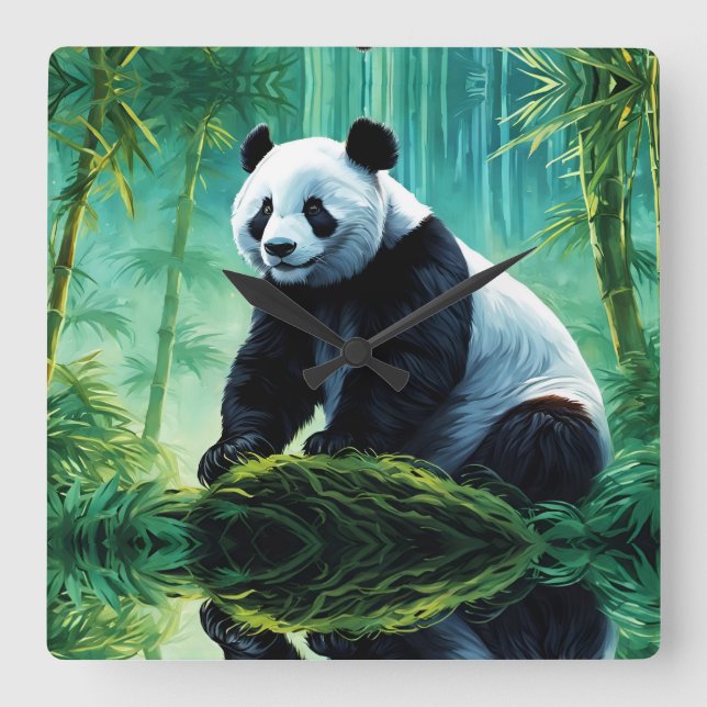 Horloge Carrée Panda géant dans la forêt de Bamboo (Recto)
