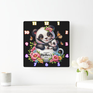 Horloge Carrée Panda Mom : Cub, Fleurs, Fête des mères
