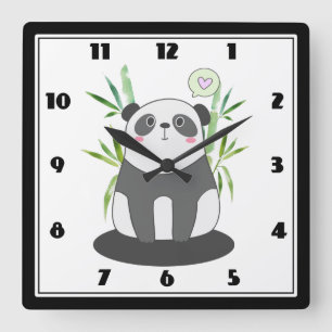 Horloge Carrée Panda noir et blanc mignonne en Bambou