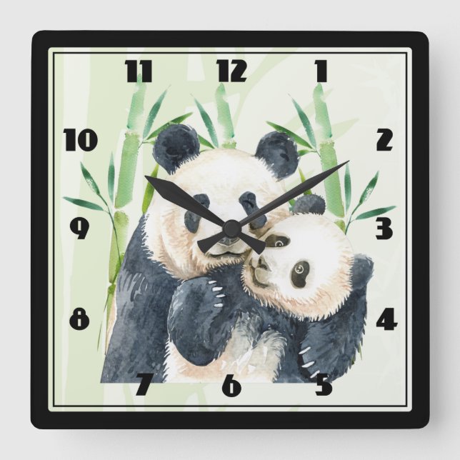 Horloge Carrée Panda Pair mignonne en Aquarelle Bambou Grande hor (Recto)