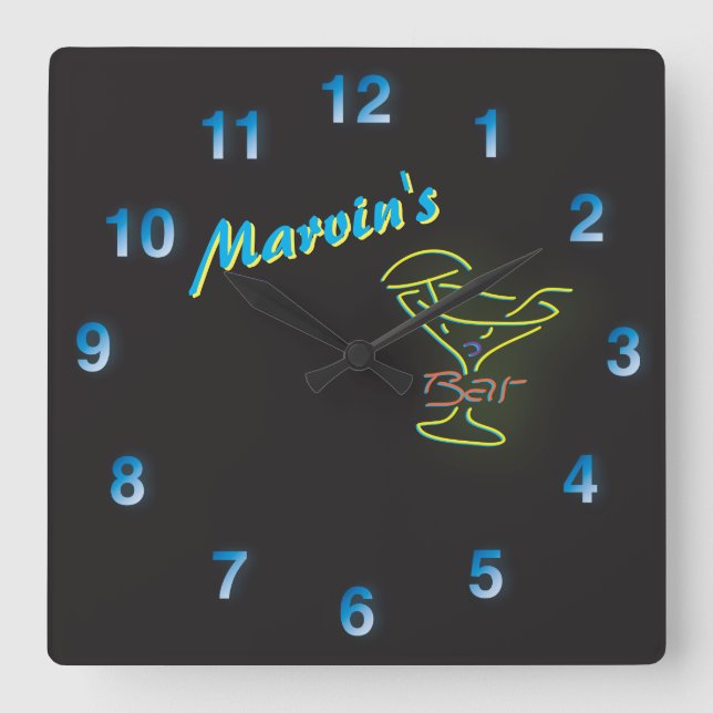 Horloge Carrée Panneau bleu néon personnalisable Mancave Tavern (Recto)